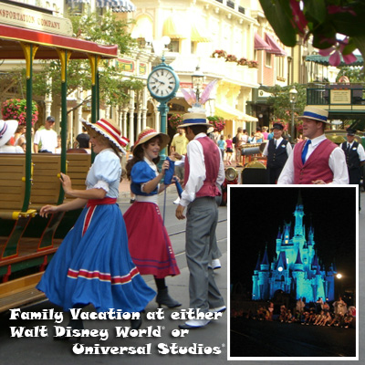 FAMILY VACATION - Enjoy a family vacation in Florida for 2 adults and 2 children.  Choose from either Walt Disney World<sup>&reg;</sup> or Universal Studios<sup>&reg;</sup> Orlando.  Includes 4 nights at a park resort and 4 days of park admission. Airfare not included. 
